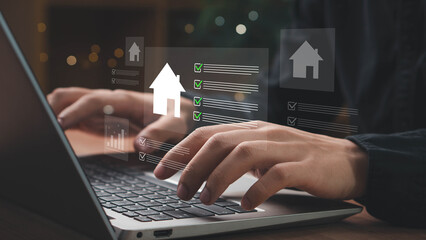 Real estate management. using a tablet to manage real estate tasks with interactive digital checklists, accessing digital tools for housing evaluations, property management, and checklist planning.