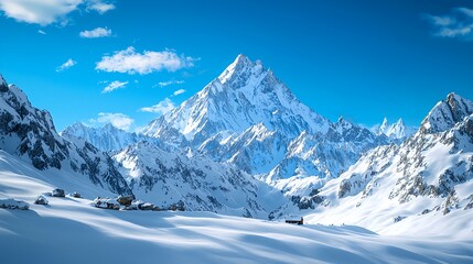 Snowy Mountain Landscape with Peaks and Clear Blue Sky