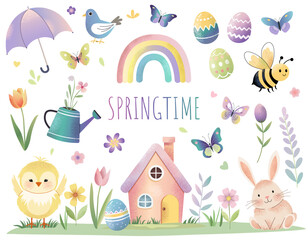Set of cute spring elements in watercolor style. Spring holidays, Easter. Collection of childlike stickers in pastel colors.