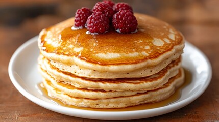 A close-up of fluffy pancakes topped with fresh raspberries and drizzled with syrup, set on a rustic wooden table, Perfect for food blogs, recipe websites, or breakfast menus,