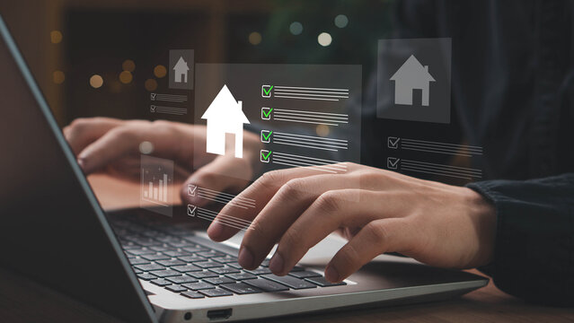 Real estate management. using a tablet to manage real estate tasks with interactive digital checklists, accessing digital tools for housing evaluations, property management, and checklist planning.