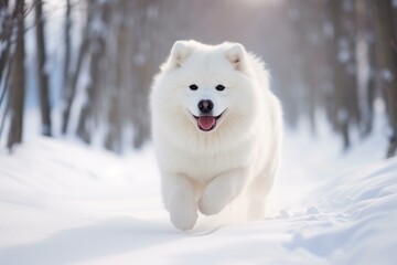 Obraz premium Beautiful samoyed dog running happily in a snowy winter forest, enjoying the cold weather