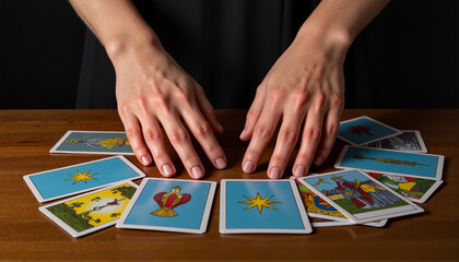 Obraz premium Mysterious hands of a woman hovering over a tarot card spread on a wooden table