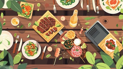 Fresh Gourmet Picnic on Wooden Table with Grilled Food