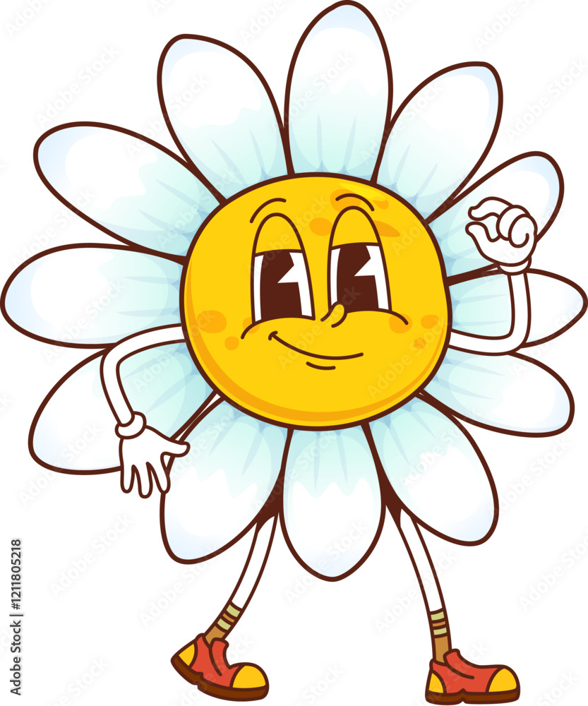 Poster Groovy retro daisy chamomile flower cute character. Hippie chamomile groovy isolated vector happy personage. Funky daisy cheerful character or spring white flower funny mascot