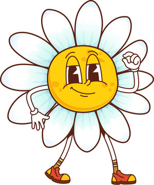 Fototapeta Groovy retro daisy chamomile flower cute character. Hippie chamomile groovy isolated vector happy personage. Funky daisy cheerful character or spring white flower funny mascot