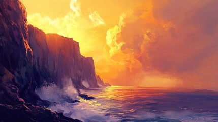 Fototapeta premium Coastal cliffs highlighted by the golden glow of a vibrant sunset, waves smashing against the rocks