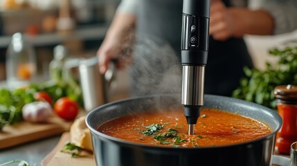Immersion Blender Preparing Delicious Tomato Soup in a Cozy Kitchen Setting