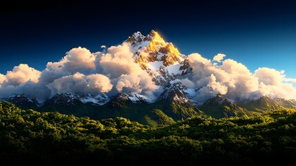 Majestic Mountain Peak Under Bright Sky with Fluffy Clouds