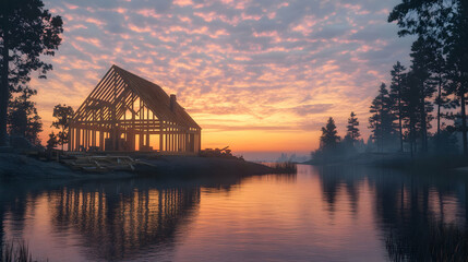 Fototapeta premium Lakefront House Under Construction at Sunset