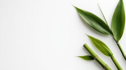 Fototapeta premium Close-up of vibrant green bamboo leaves on a light background, suitable for wellness, nature, or eco-friendly themes in marketing, design, and products,