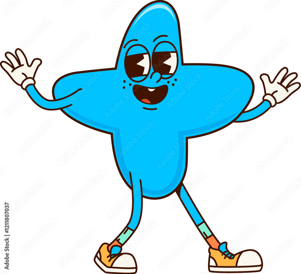 Poster Groovy math plus symbol, cartoon character of addition sign, vector funny emoji. Groovy plus sign with happy face and smile for kids equation and addition counting or cartoon font character