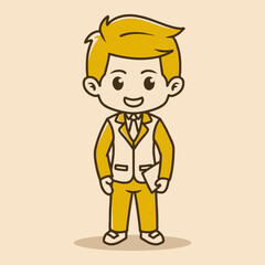 chibi character of a man wearing an office suit standing upright and holding a laptop in retro colors