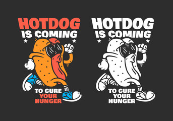 Hot Dog with sunglasses character in running pose with 2 color versions