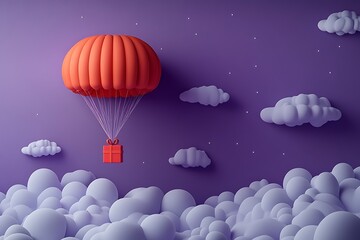 Obraz premium Three hot air balloons with gift boxes on purple background.