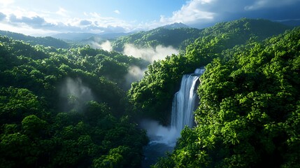 Fototapeta premium Lush Green Jungle Landscape with Majestic Waterfall and Mist