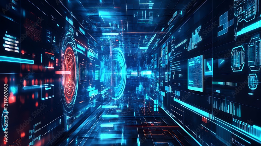 Poster futuristic digital tunnel data stream visualization