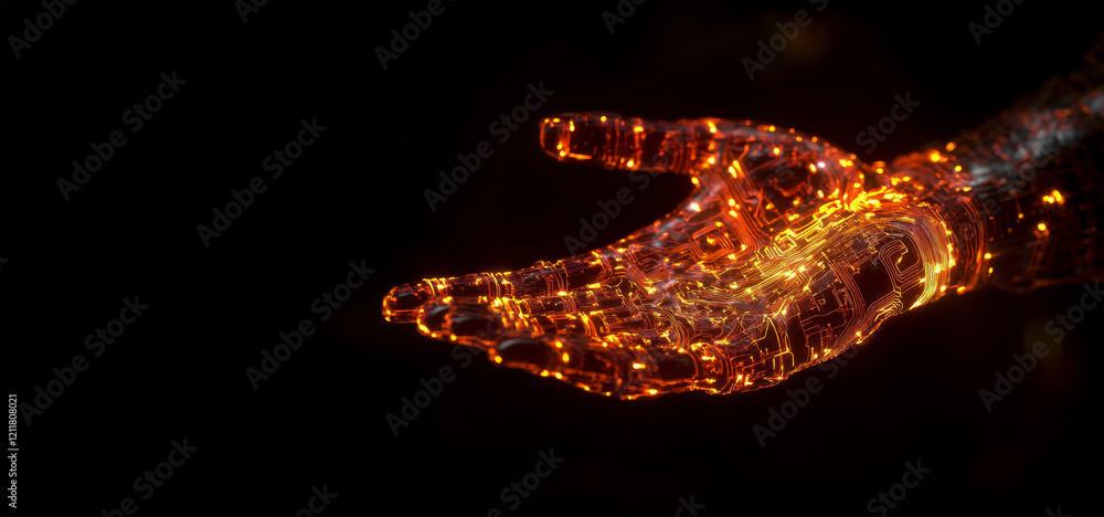 Poster close-up of high-tech robotic hand illuminated with glowing orange circuits. digital hand hologram o