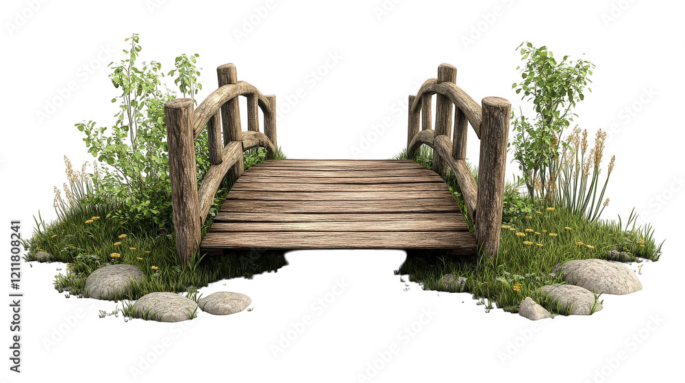 Poster rustic wooden bridge pathway surrounded by lush greenery and stones, creating serene nature setting.