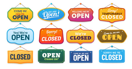 Open and closed shop board signs, vector notice signboards set. Cartoon vintage hanging door tags and banners with welcome we are open and sorry we are closed signs, store, cafe, and bar color labels