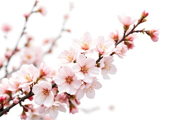 Pink cherry blossoms blooming, spring branch, white background, floral design