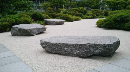 Serene Minimalist Courtyard with Large Rocks Surrounded by Lush Greenery and Tranquil Vibes