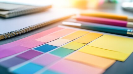 A vibrant arrangement of colorful sticky notes and pens on a workspace, creating an appealing scene, Ideal for projects related to organization, productivity, or creative brainstorming,