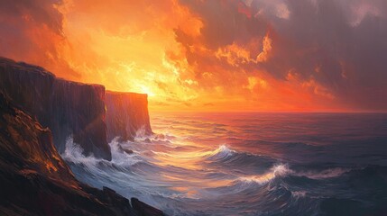 Fototapeta premium Fiery orange sunset casting light on dramatic coastal cliffs with powerful waves below
