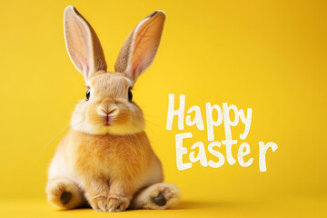 Obraz premium Brown easter bunny with big ears on yellow background with text Happy Easter. Minimalistic Easter banner with copy space
