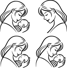 Four black and white illustrations depicting mothers holding babies.
