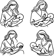 Four black and white illustrations depicting mothers holding babies.