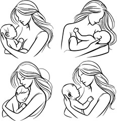 Four black and white illustrations depicting mothers holding babies.