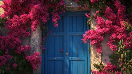 Mediterranean-style blue door adorned with vibrant pink flowers, creating a classic Greek architectural aesthetic.