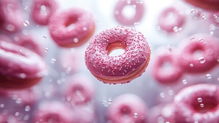 Pink donuts levitate in a dreamy, bubbly scene; perfect for food blogs, websites, and advertising.