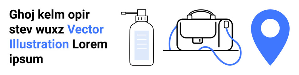 Hand sanitizer bottle, stylish bag, and blue map location pin. Ideal for travel websites, packing guides, travel blogs, e-commerce, product promotions, outdoor activities, and travel planning