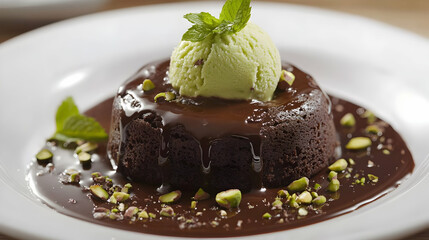 Decadent Chocolate Lava Cake with Pistachio Ice Cream