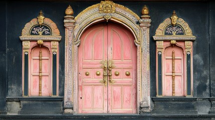Obraz premium Ornate pink and peach door with golden accents in Indian style, highlighted on a bold black background.
