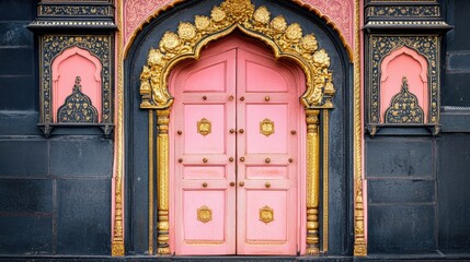 Obraz premium Ornate pink and peach door with golden accents in Indian style, highlighted on a bold black background.