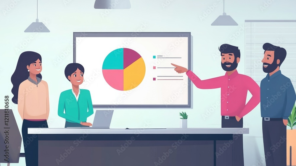 Poster professional indian consultant pointing to a colorful pie chart on a digital presentation, clients a