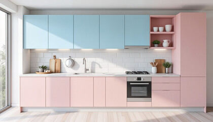 Modern pink and blue kitchen design with sleek cabinetry, interior aesthetics