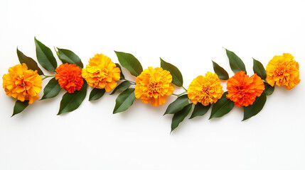 Orange and yellow Marigold Flower and mango leaf garland decoration for indian Ugadi festival. Indian festive decoration on white background