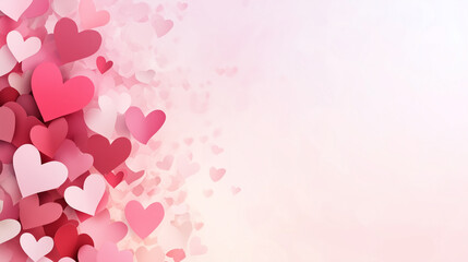 plenty of Paper cutout hearts in shades of pink and soft red on the left side of on a light soft pink background. Concept of love.
