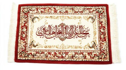 Elegant Muslim prayer mat with Arabic calligraphy and intricate designs