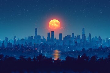 Cityscape at Night Under a Full Moon, Digital Art