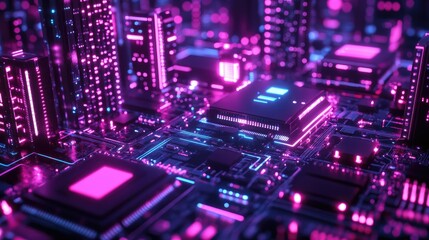 Obraz premium Neon-lit circuit boards a cityscape