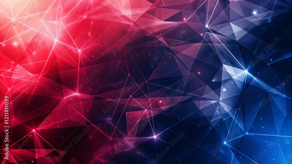 Poster Abstract blue and red light with digital connecting dots decoration, with space and gaming background wallpaper, futuristic technology backdrop with glowing particles and virtual elements