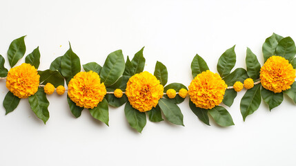 Orange and yellow Marigold Flower and mango leaf garland decoration for indian Ugadi festival. Indian festive decoration on white background