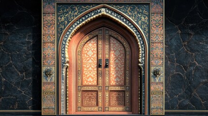 Richly designed Indian door with peach and golden patterns, beautifully framed by a black backdrop.