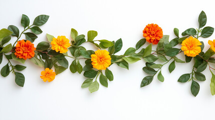Orange and yellow Marigold Flower and mango leaf garland decoration for indian Ugadi festival. Indian festive decoration on white background