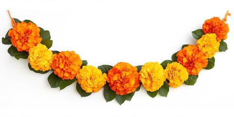 Orange and yellow Marigold Flower and mango leaf garland decoration for indian Ugadi festival. Indian festive decoration on white background